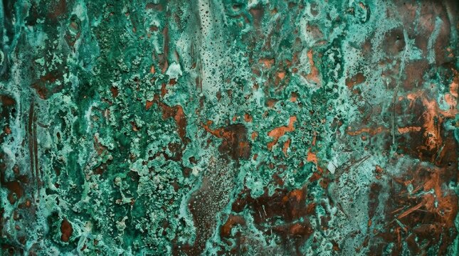 Abstract background of weathered copper metal plate with a textured green oxidation patina finish