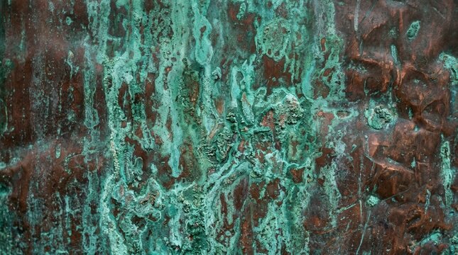 Macro view of weathered copper surface showing detailed texture with natural green oxidized patina