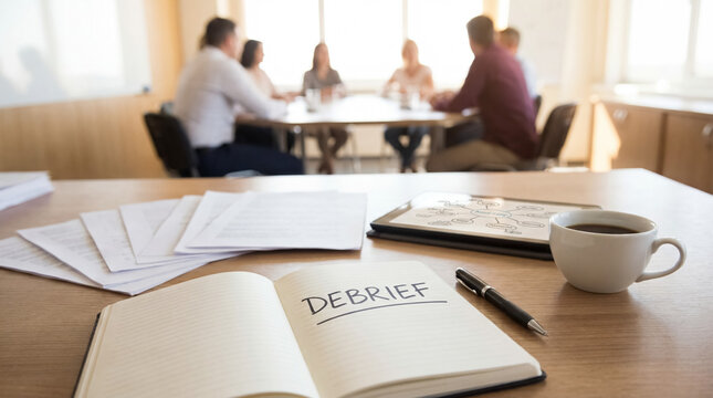 Debrief written in notebook with business team members discussing during meeting in office