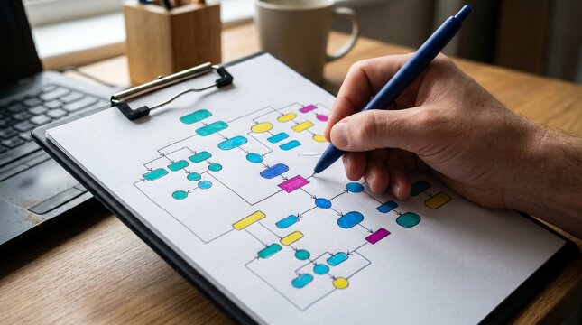 Hand drawing colorful workflow flowchart on clipboard at office desk for business planning and process strategy