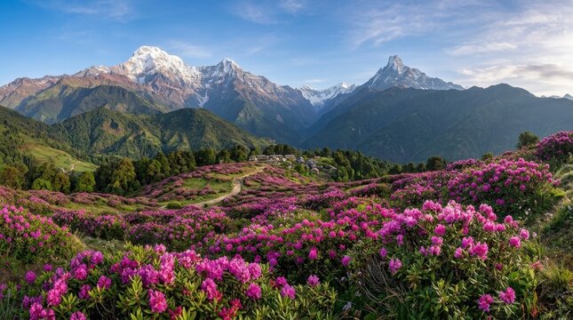Panoramic view of Himalayan mountains with vibrant pink rhododendron flowers blooming in the foreground