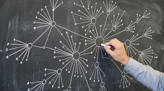 Hand drawing complex network diagram with chalk on classroom chalkboard for education, data science, connectivity concept