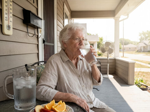 Senior woman drinking water on porch during heat wave, staying hydrated and cooling down from summer temperatures