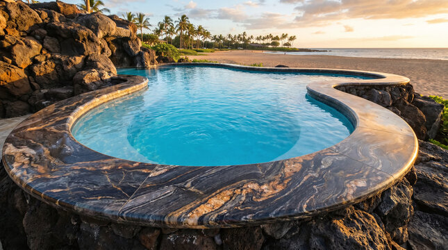 Luxury marble infinity pool on tropical beach at sunset