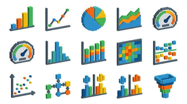 Collection of colorful isometric data visualization charts and graphs.
