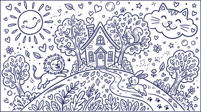 Whimsical forest scene with animals and house coloring page