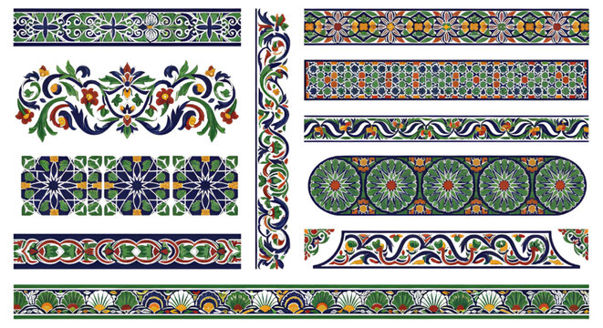 Mexican traditional ceramic tile borders vector ornamental floral pattern elements