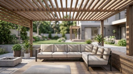 Fototapeta premium Elegant Outdoor Living Space Beside Swimming Pool