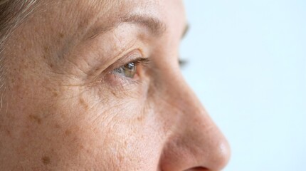Naklejka premium Profile macro senior woman eye revealing sun spots fine lines and aging skin details