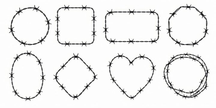 Collection of eight different shapes including circles, squares, and hearts, all constructed from barbed wire for a unique design.