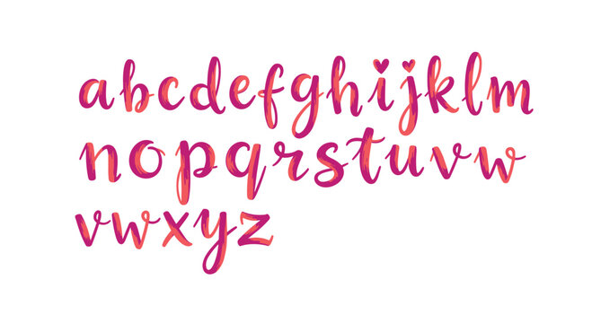 Complete set of the English alphabet letters written in a stylish cursive script with pink and purple color gradients.