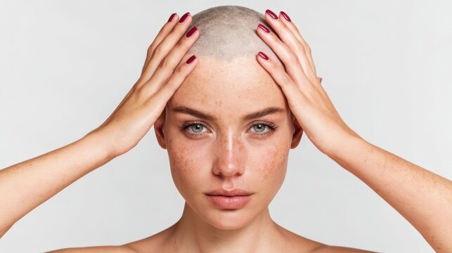 Portrait of young bald woman with freckles. Shaved head female model with hands on head against grey background