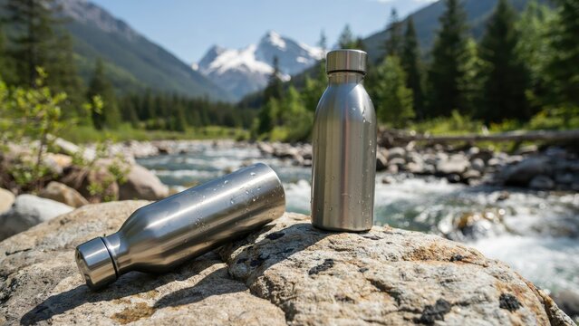 Two reusable stainless steel water bottles on a rock next to a mountain river with forest and peaks in background