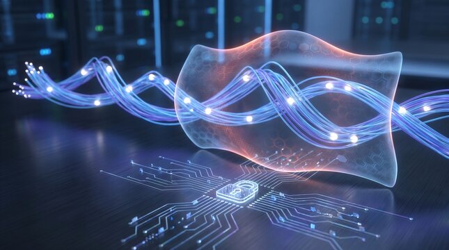 High speed fiber optic data stream passing through transparent firewall shield above microprocessor circuit in secure server room