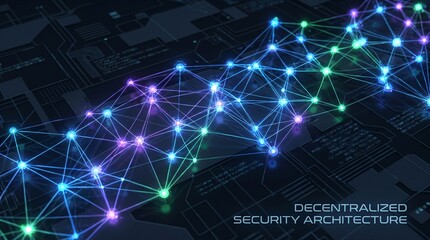 Obraz premium Vibrant glowing decentralized security architecture forms a robust digital network across a futuristic circuit board background enabling secure data connection