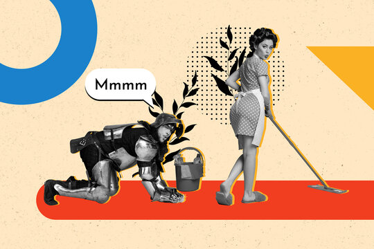 Sketch image trend artwork montage photo collage of young lady housewife wash floor mop sexy figure man hero conqueror knight vintage help