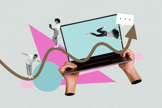 3D photo collage trend artwork composite of hand hold laptop developer information virtual cyber space young lady work man stand balance