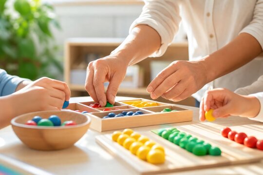 Hands of teacher and young children sorting colorful wooden balls in bright Montessori classroom during early education math activity, close-up