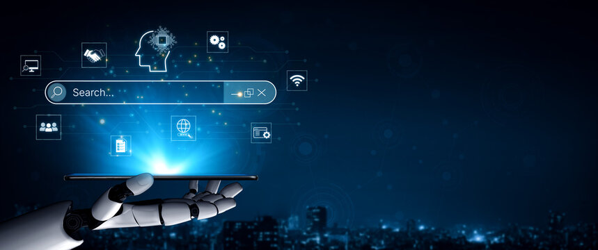 Artificial intelligence AI search concept enabling smarter discovery, recommendations to digital services and knowledge. Generative AI search engine algorithm provide user intent result. Corpus