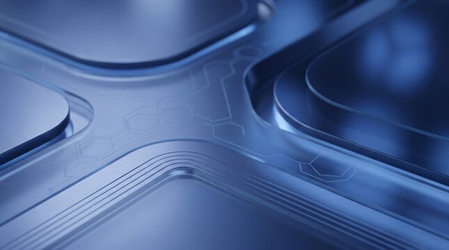 Futuristic blue metallic microchip surface with digital circuit patterns representing high tech data processing and artificial intelligence