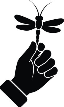 Human hand holding a flying dragonfly insect silhouette symbol vector illustration