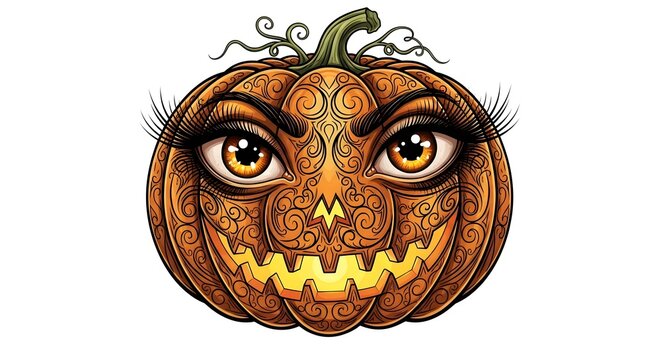 Decorative halloween pumpkin with intricate swirl patterns and long eyelashes isolated on white background