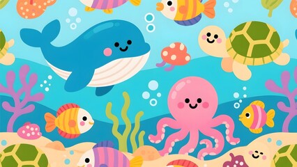 Obraz premium Cute Ocean Animals Seamless Cartoon Pattern for Kids
