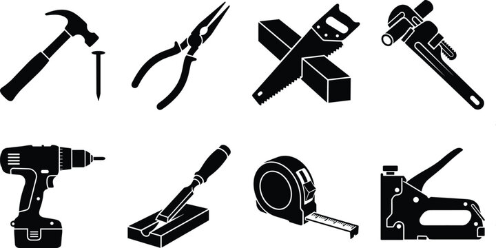 Carpentry and construction hand tools icon set featuring black silhouettes of a hammer, pliers, handsaw, pipe wrench, cordless drill, wood chisel, tape measure, and staple gun