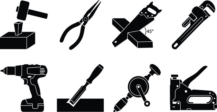 Carpentry and woodworking tools icon set featuring black silhouettes of a mallet with wedge, pliers, handsaw, pipe wrench, cordless drill, chisel, hand drill, and staple gun