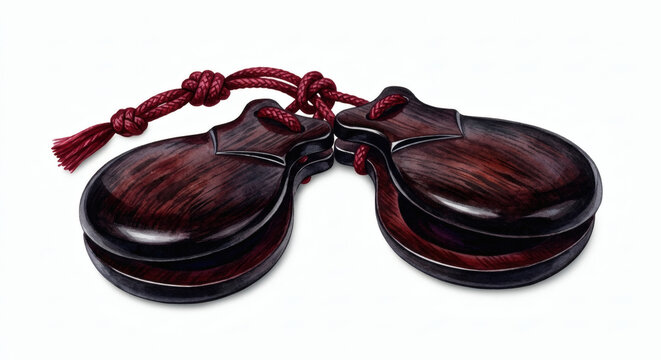 Traditional wooden Spanish castanets with red cord isolated on white background, flamenco dance musical instrument