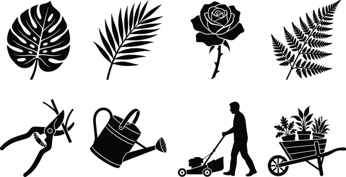 Gardening and botanical icon set featuring black silhouettes of tropical leaves, flowers, pruning shears, and lawn mower