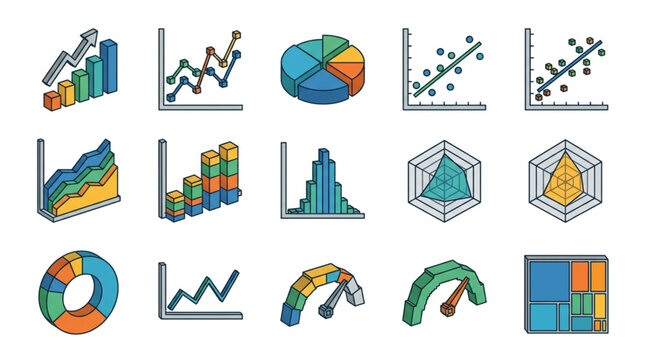 Collection of colorful statistical charts and graphs icons.