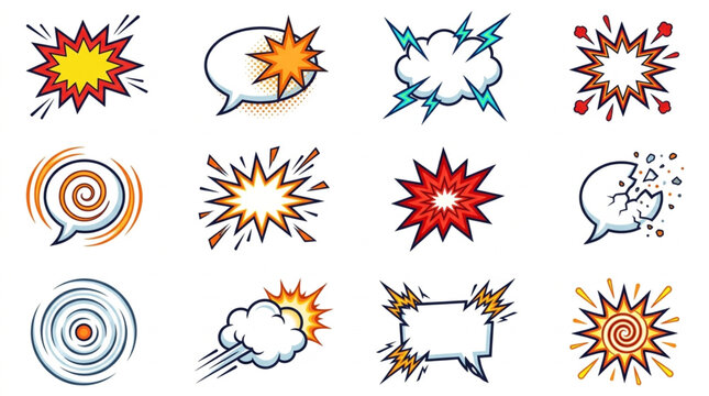 Collection of comic book explosion and speech bubble icons.