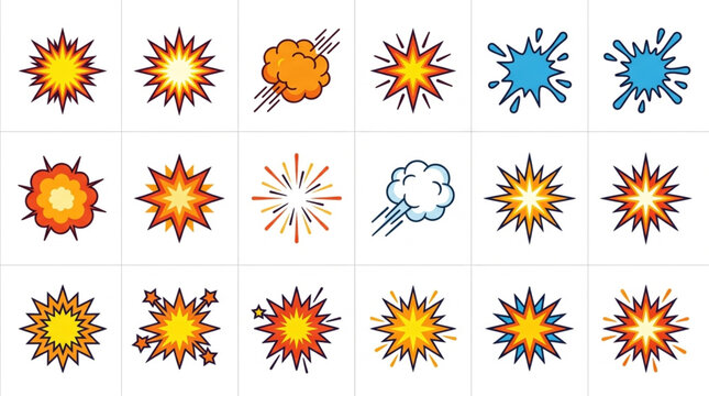Collection of comic book explosion sound effects and visual elements.