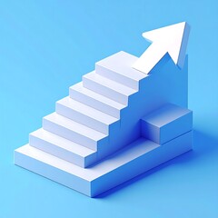 Fototapeta premium A 3D white staircase with an upward arrow on a blue background