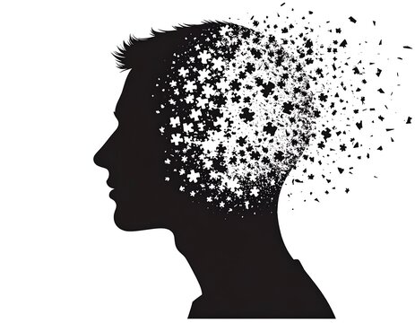 A black silhouette of a human head in profile with stars and shapes exploding from it