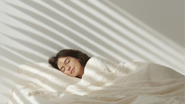 Peaceful morning slumber: woman sleeping in gentle sunlit room with soft white bedding