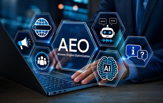 Business Professional Using Answer Engine Optimization AEO, AI Assistant, Chatbot and Search Interface for Online Visibility