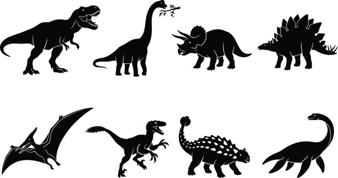Prehistoric dinosaurs and extinct reptiles icon set featuring black silhouettes of Tyrannosaurus Rex brachiosaurus and pterodactyl