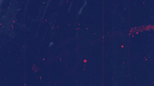 Dark navy background with bright red circular paint droplets and light dust particles. Suitable for artistic, abstract, and dramatic design projects.