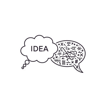 Black and white line drawing of a thought bubble with an idea and a speech bubble full of random symbols.