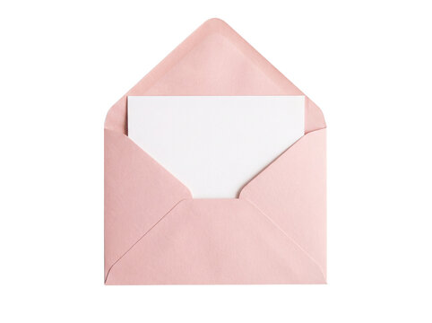 Open pink envelope with blank white card inside, isolated on transparent background (PNG)