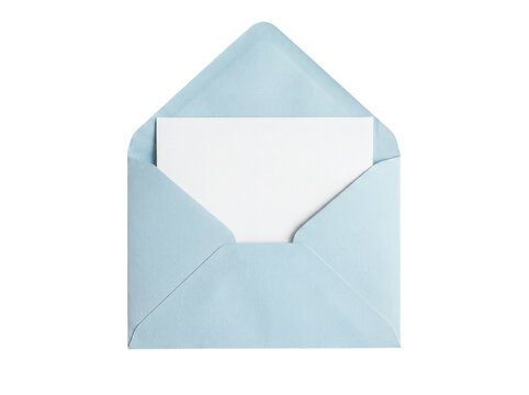 Open blue envelope with blank white card inside, isolated on transparent background (PNG)