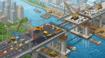 Fototapeta premium Construction workers build highway bridge over water with cranes and vehicles