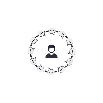 a person surrounded by speech bubbles.