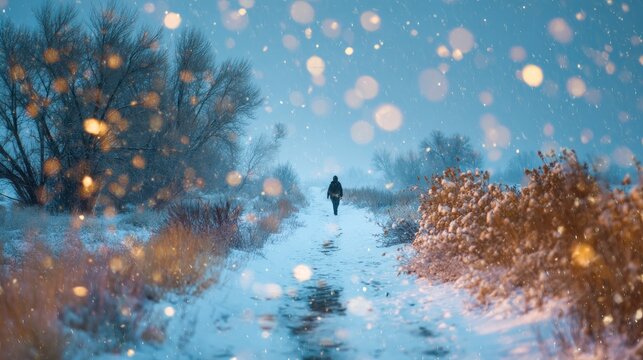 Solitary figure walks down a snowy path bordered by winter brush, warm bokeh lights