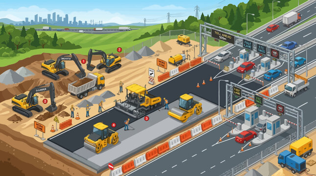 Construction workers operate heavy machinery on a highway roadwork site near a toll booth with vehicles passing by.