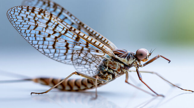 Detailed macro photograph of a mayfly insect showing intricate body structure and segmented legs on a white background, natural history and entomology concept, defocused, with