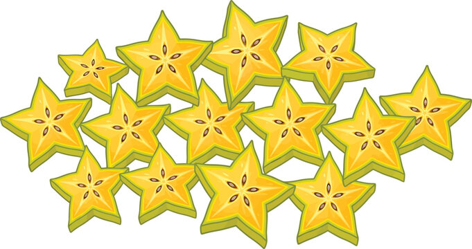 Fresh starfruit slices arranged as geometric star shapes on a clean white background with starfruit carambola tropical vegetarian vitamins nutrition geometric isolated