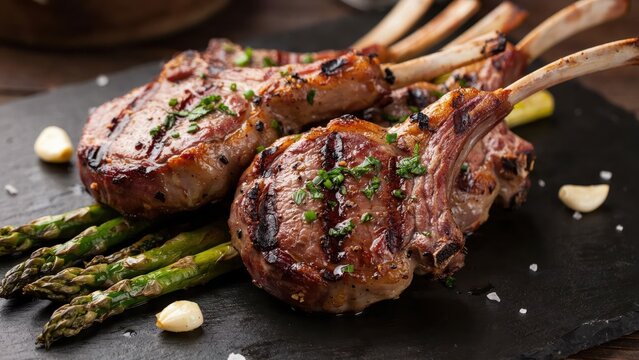 Grilled lamb chops served with roasted asparagus and garlic on a dark slate board